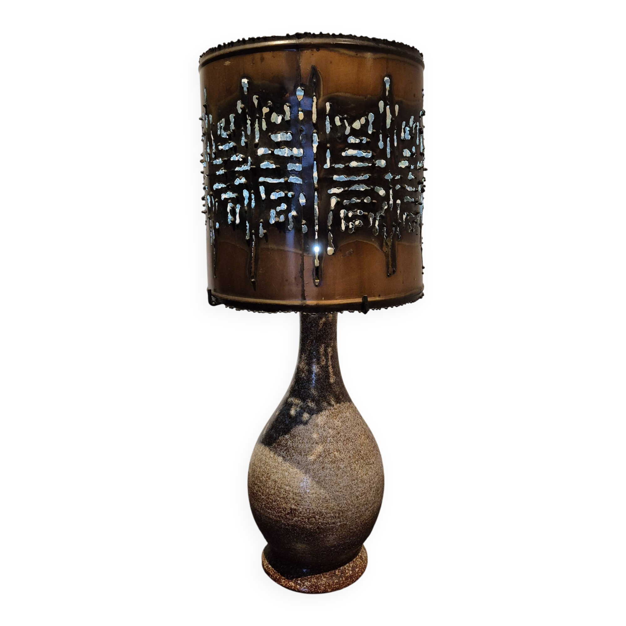 Large vintage Accolay lamp with flamed ceramic and metal shade.