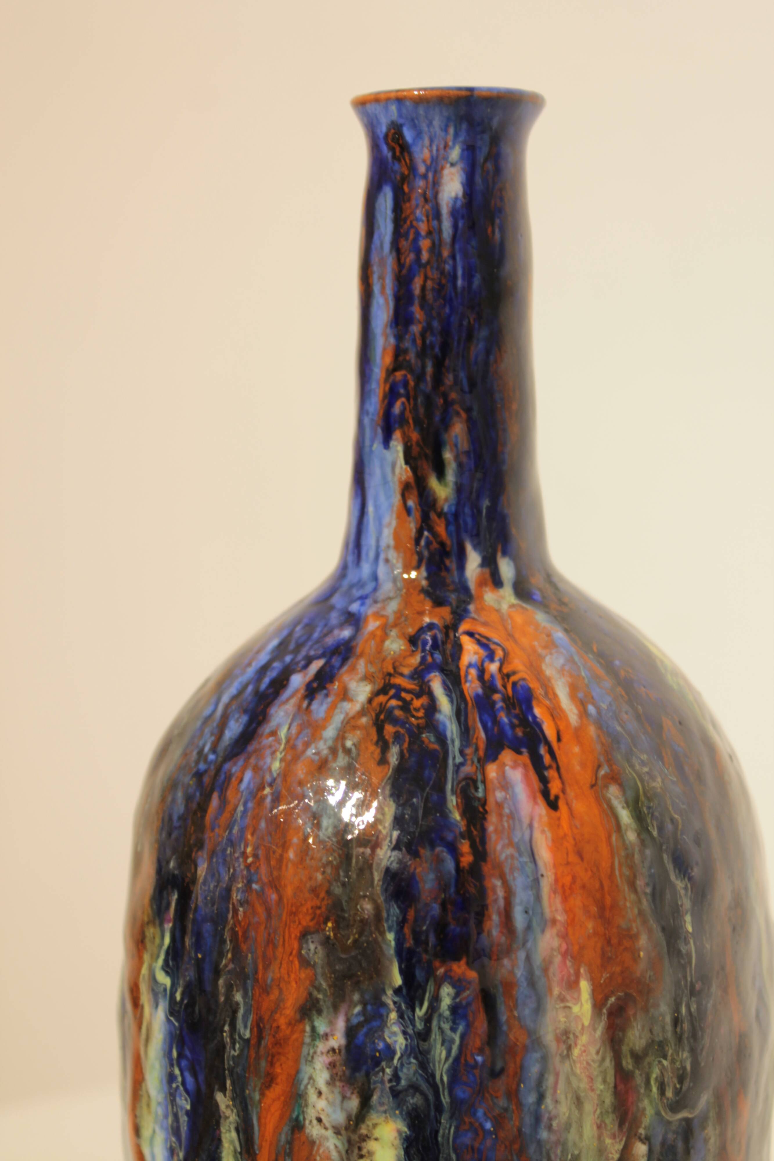 Multicolor glazed ceramic vase signed