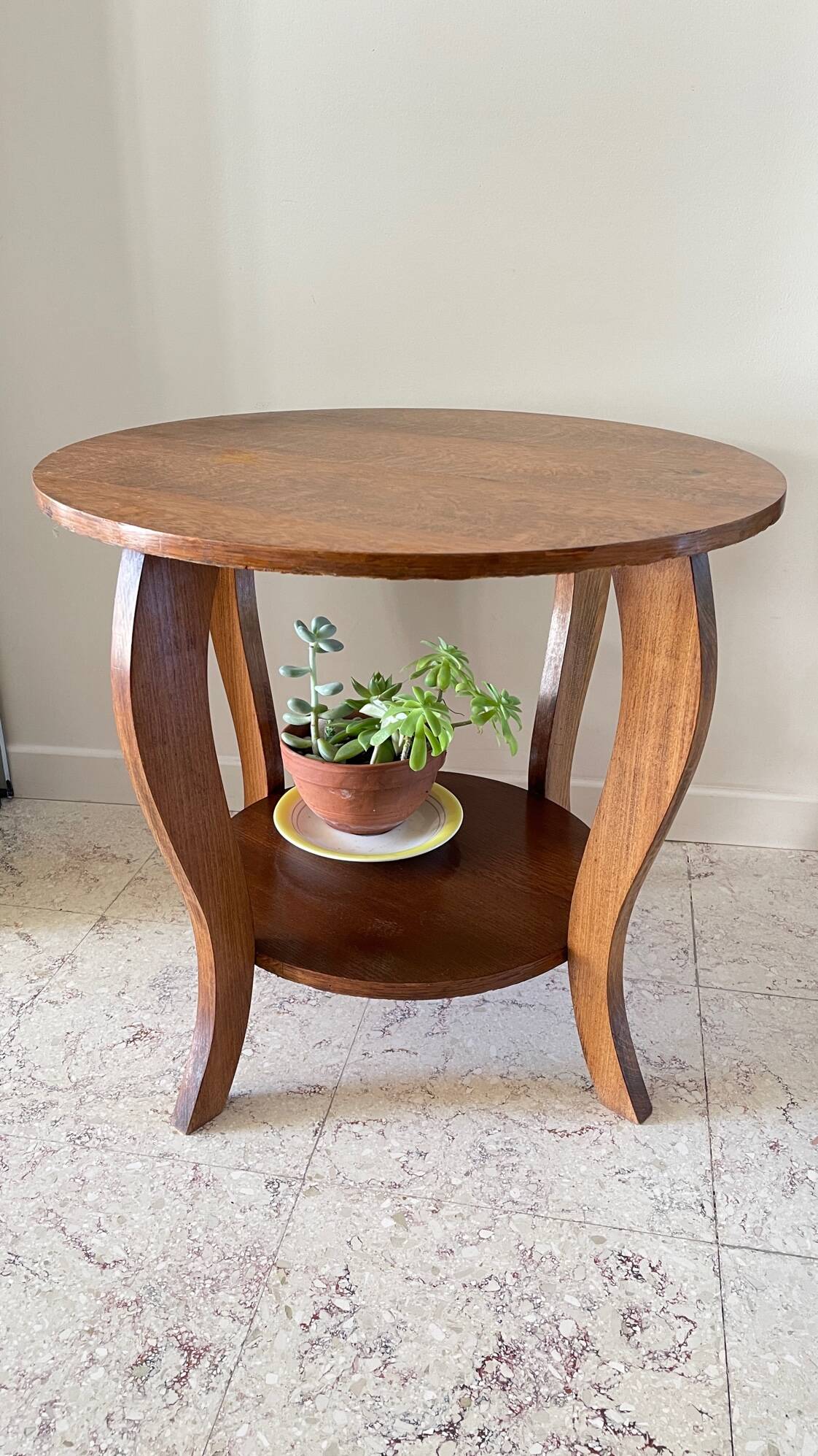 Vintage round oak coffee table with 2 shelves