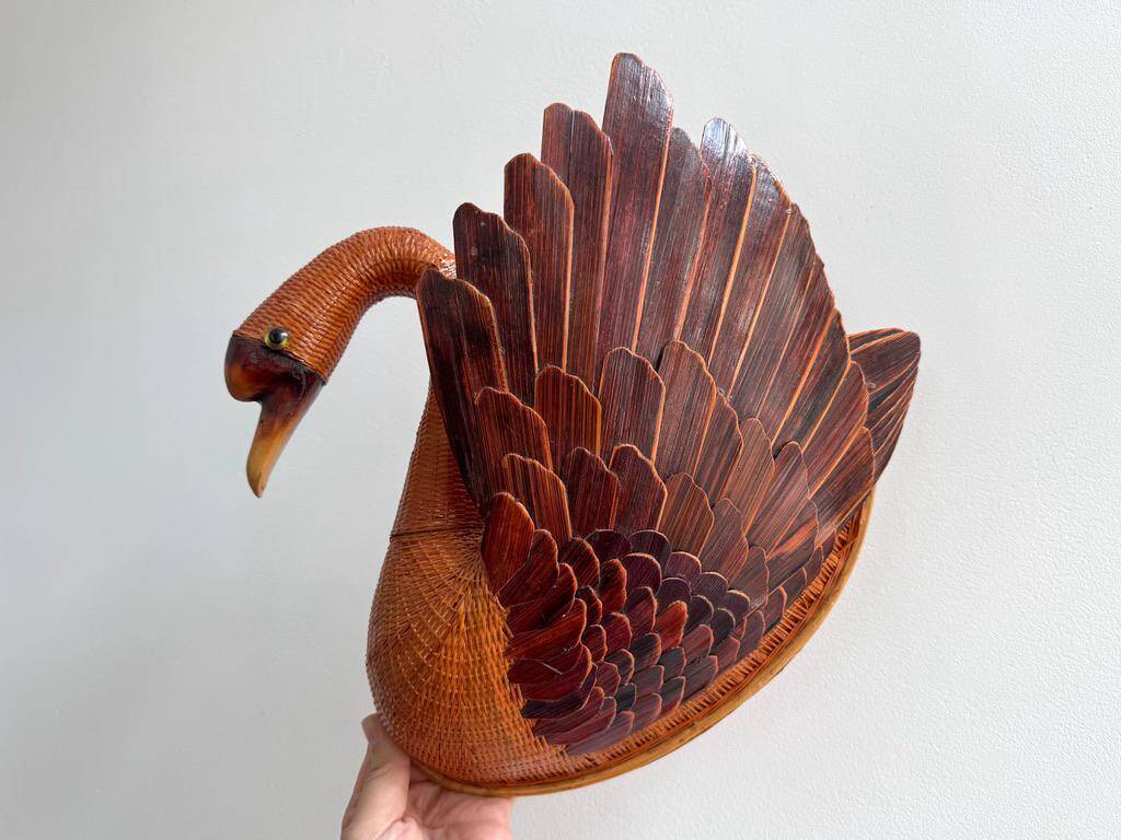Unique large vintage wicker & rattan swan wall hanging basket