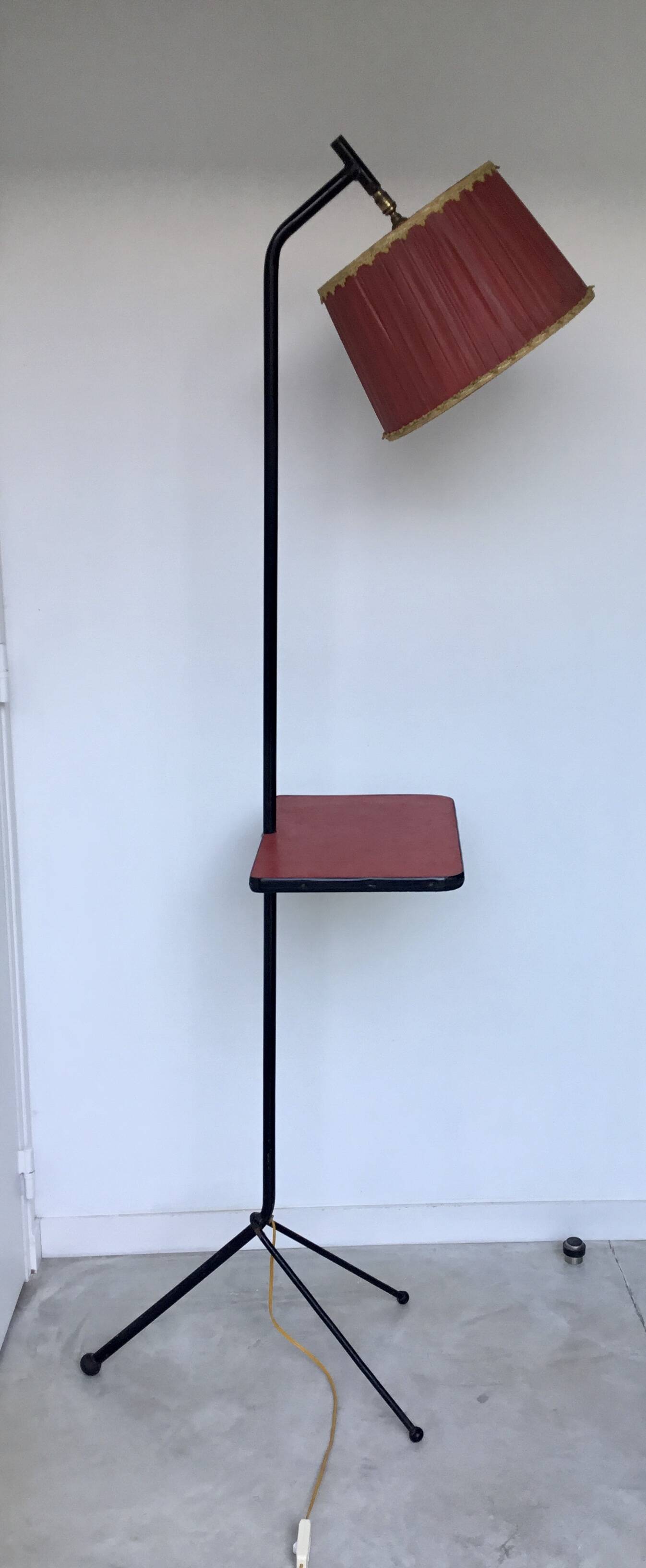 Tripod floor lamp with a ball joint and shelf - vintage 1950s