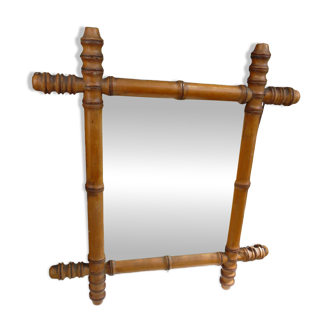 Old turned wooden mirror in bamboo style H.47cm.