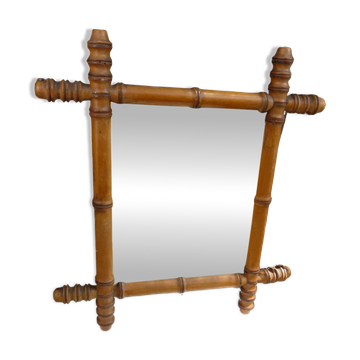 Antique turned wooden mirror in bamboo style H.47cm.