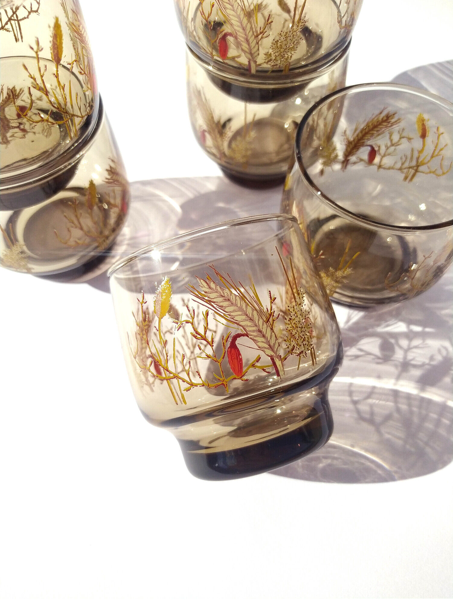 6 vintage Arcoroc smoked glasses with a pattern of ears of wheat