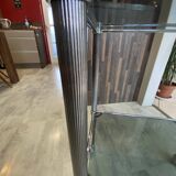 Vintage 1950s silver metal bar cart with wheels and two glass shelves