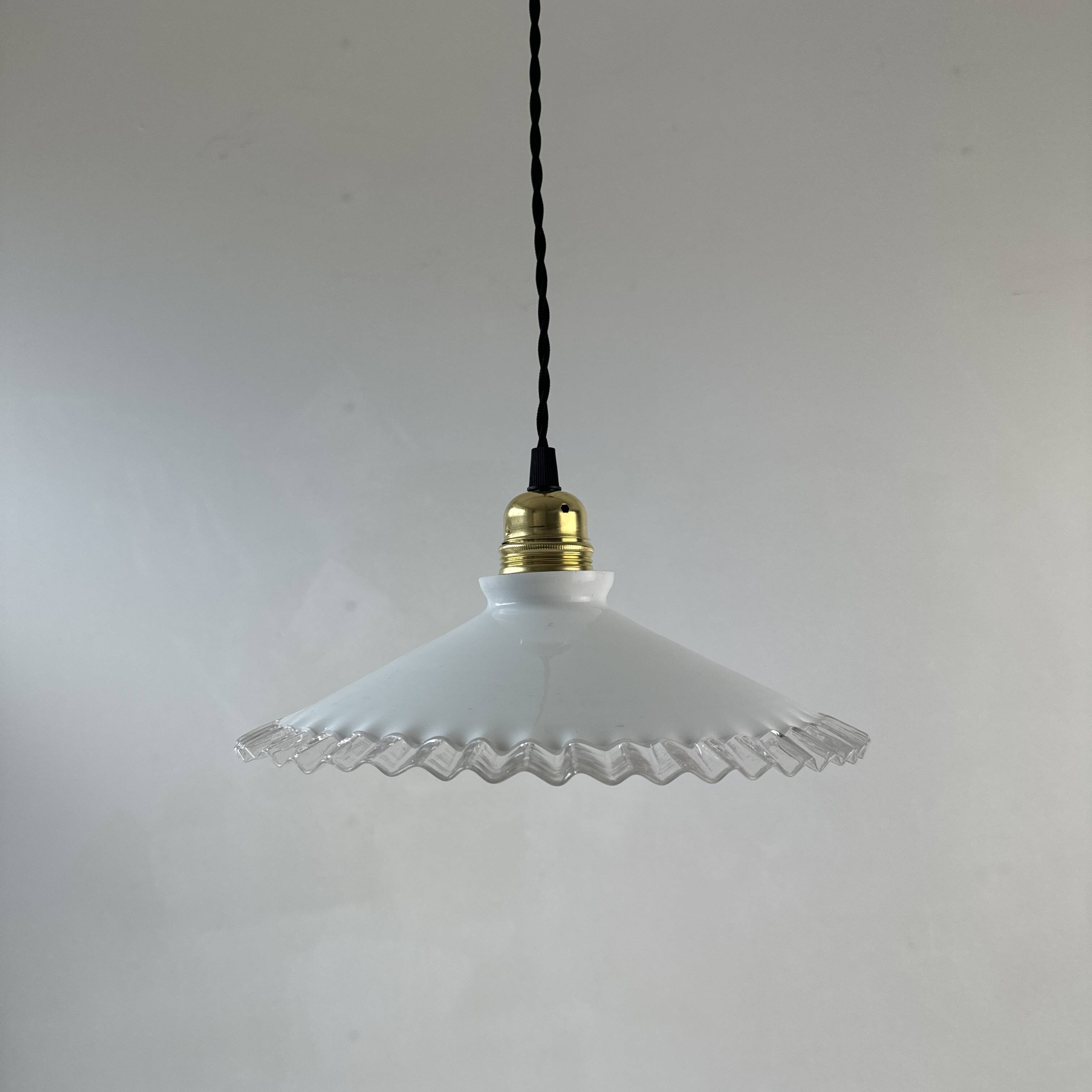 Antique lace-work pendant light in vintage opal, 24.5 cm
