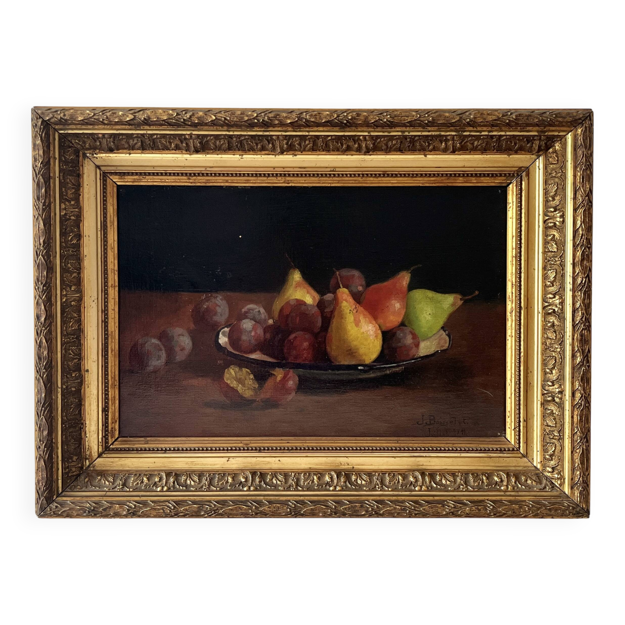 Oil on canvas of a still life with pears 1911, antique framed painting