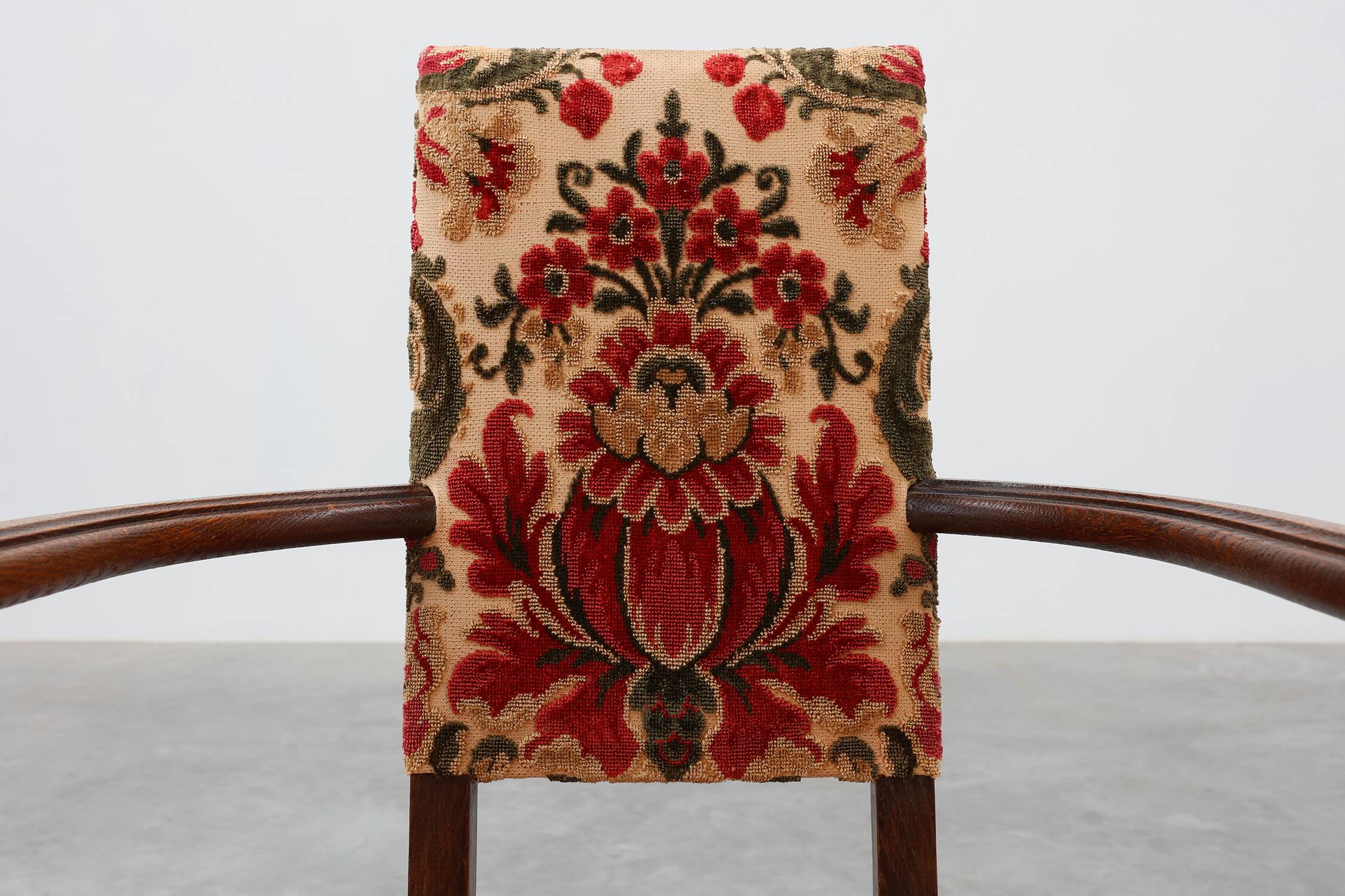 Antique oak Louis XIII style chair with floral upholstery, France ca. 1890