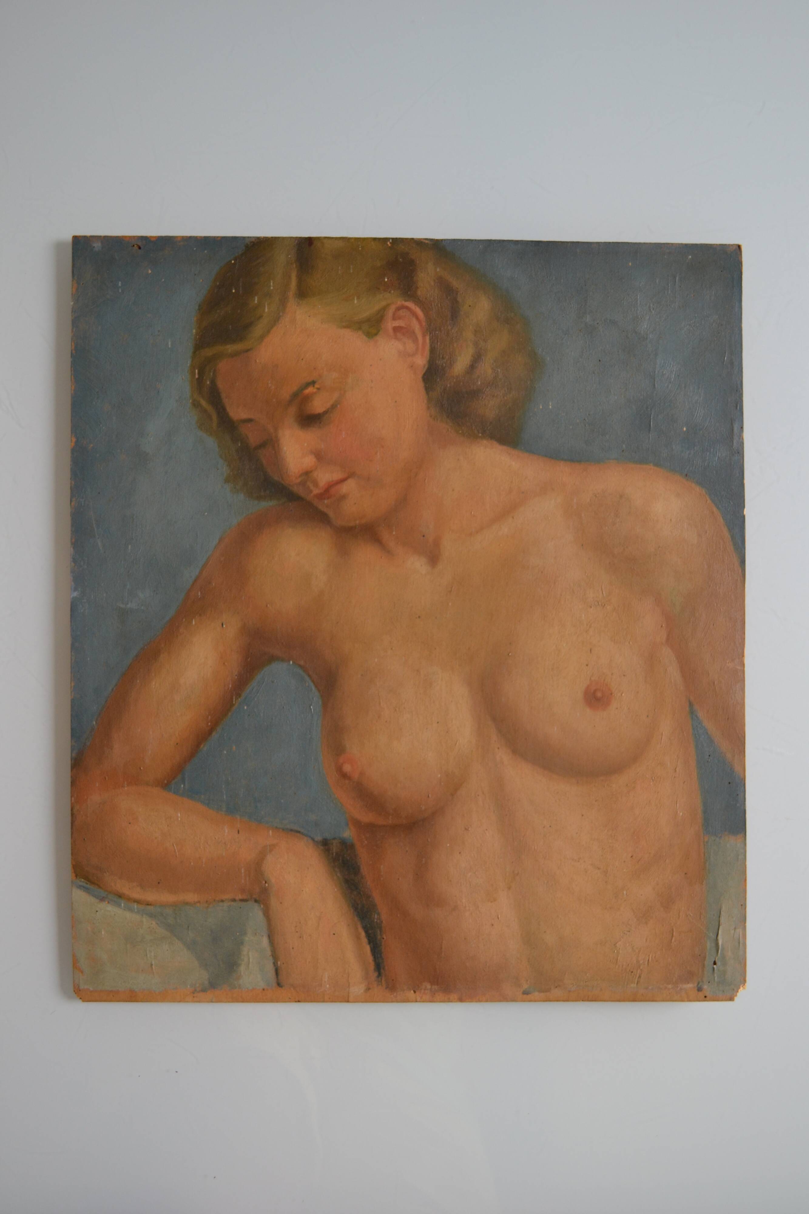 Old painting portrait nude woman oil on panel