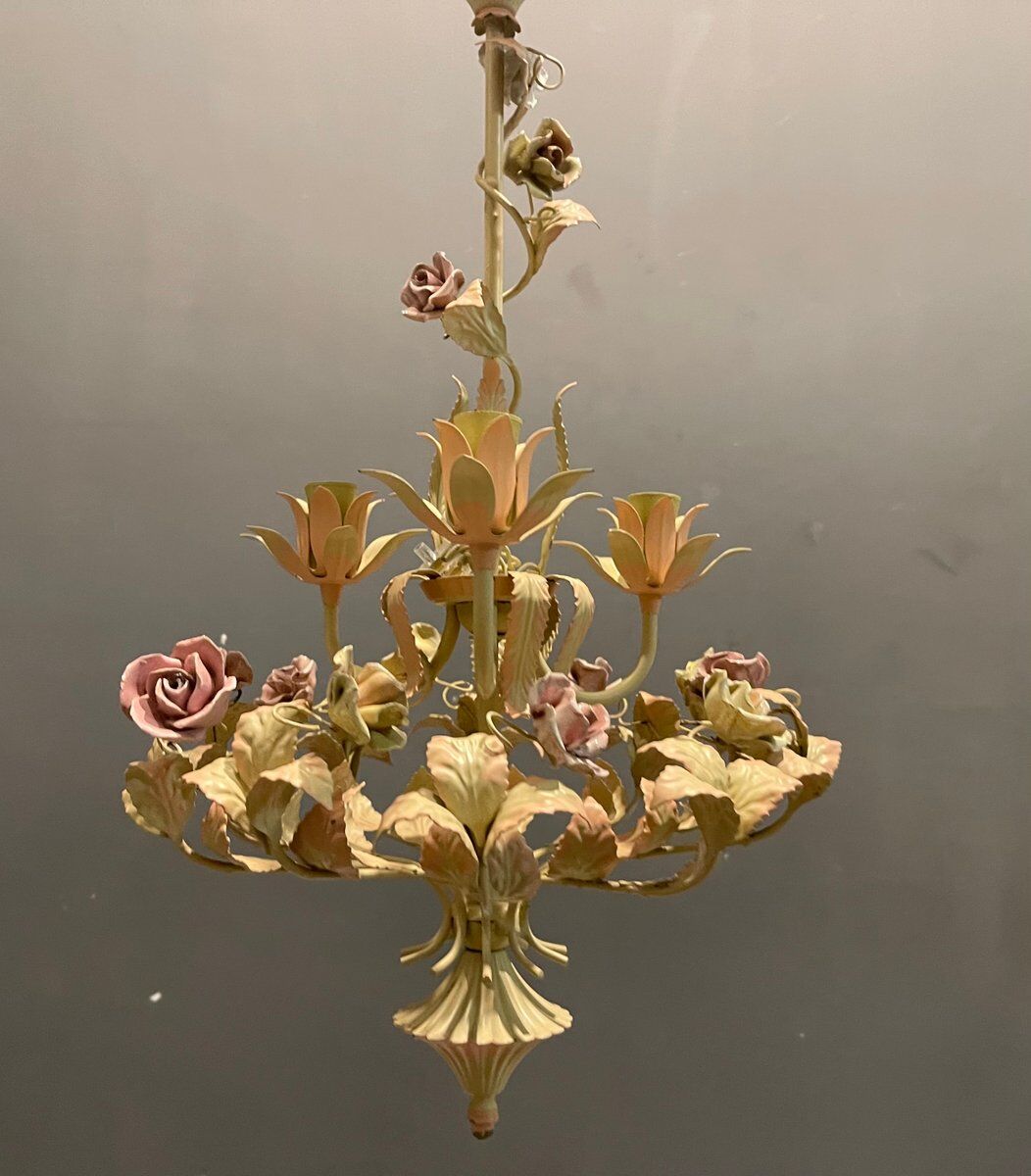 Italian Tole and Ceramic Rose Chandelier
