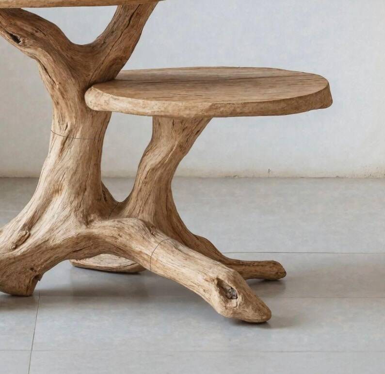 Rustic sculptural side table made of natural and organic driftwood.