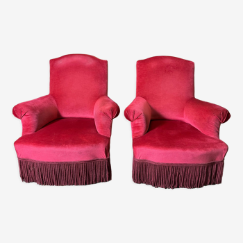 Paire de fauteuils anglais Napoléon III velours rouge