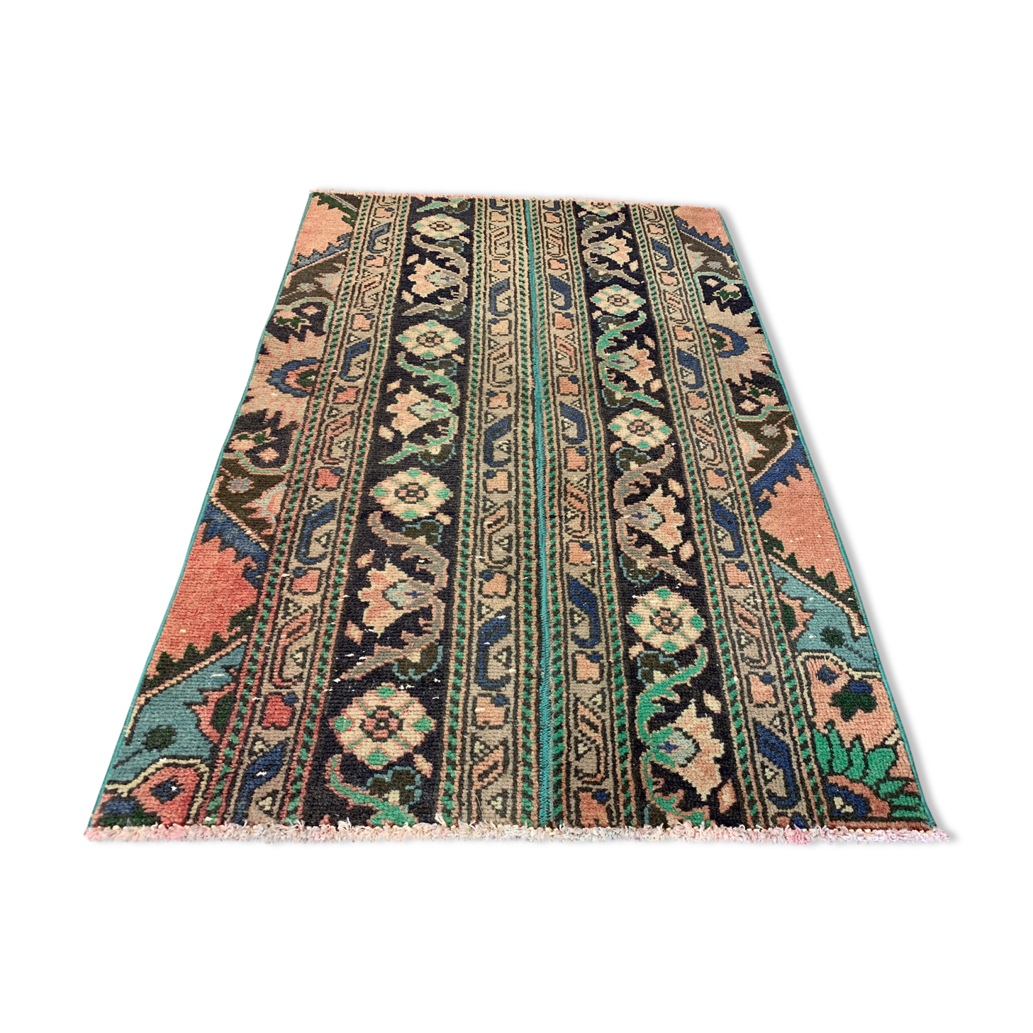 Distressed Turkish Rug 107x69 cm Vintage Shabby, Runner, Green, Brown Small