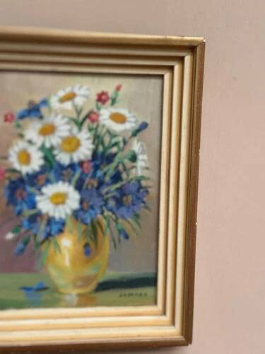 Mid-Century Oil on Panel “ Vase” by Sascher, Signed, Vintage & Framed 17 × 22cm