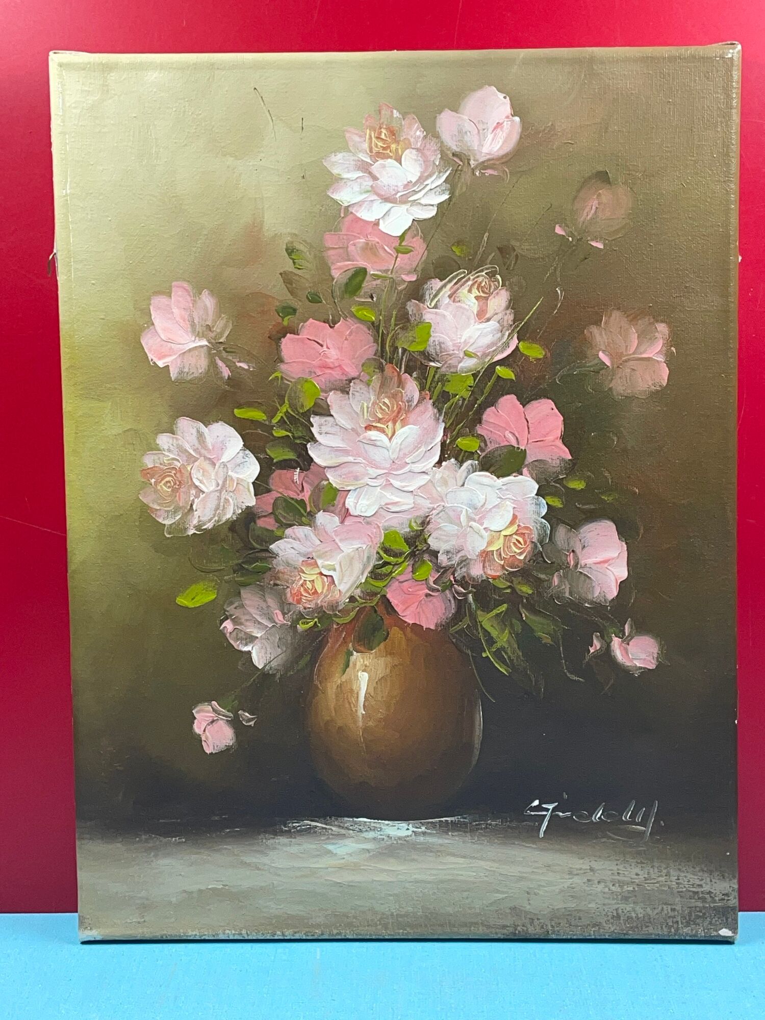 Vase au bouquet, signature à identifier, huile sur toile