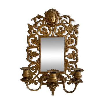 Applique miroir biseauté en bronze doré 3 bougeoirs