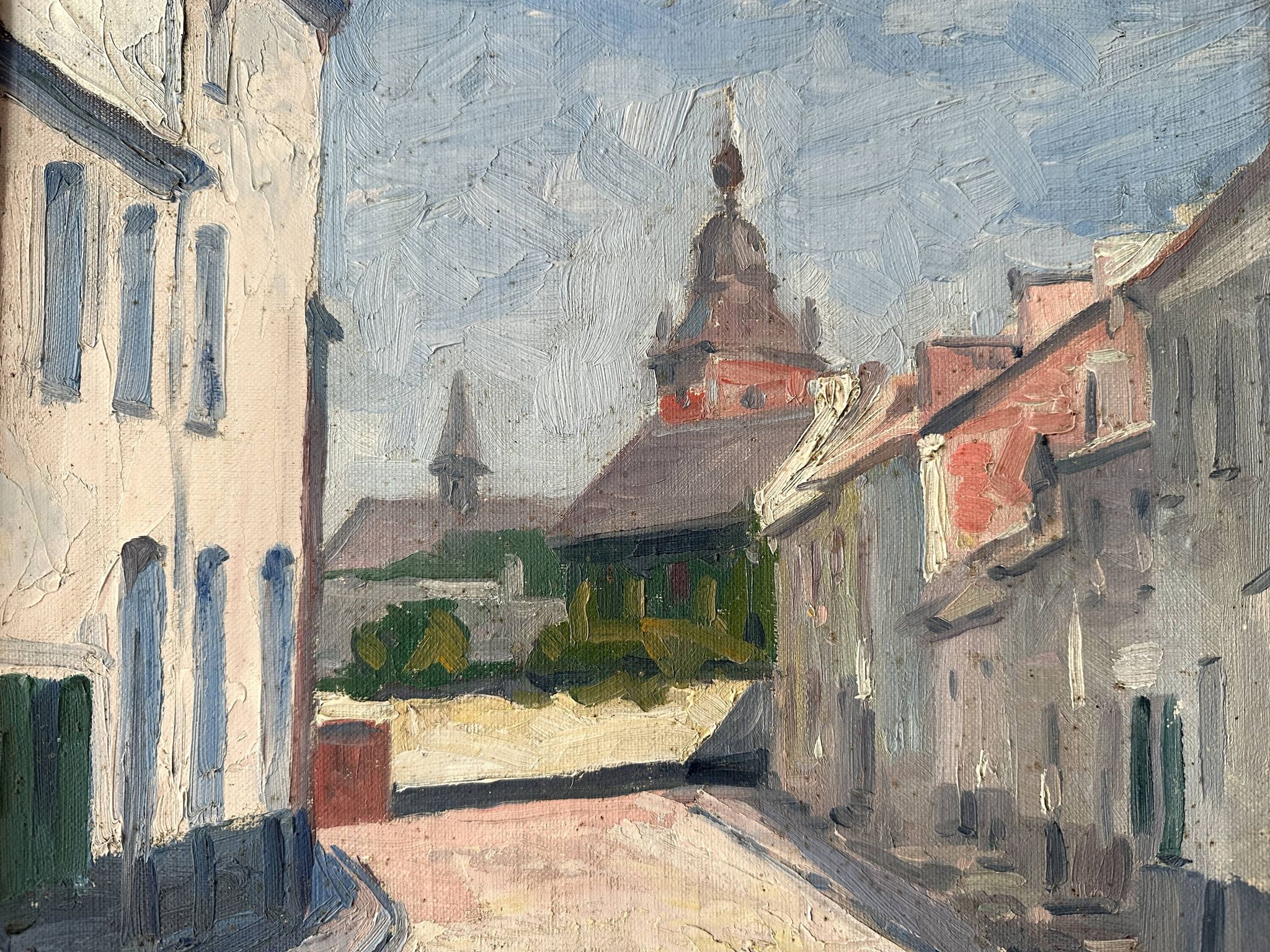 Oil on canvas of a French village "Bavay" 1928, landscape signed and framed.