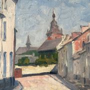 Oil on canvas of a French village "Bavay" 1928, landscape signed and framed.