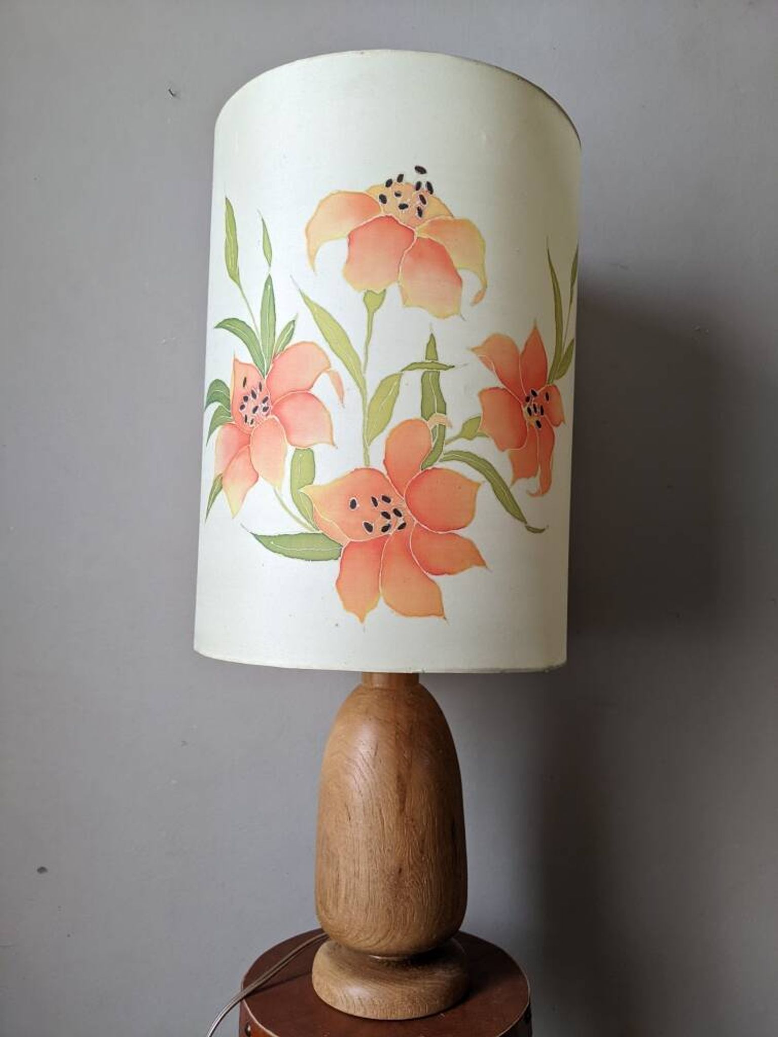 Vintage lamp with turned wooden base and silk lampshade, handcrafted floral decoration