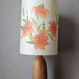 Vintage lamp with turned wooden base and silk lampshade, handcrafted floral decoration