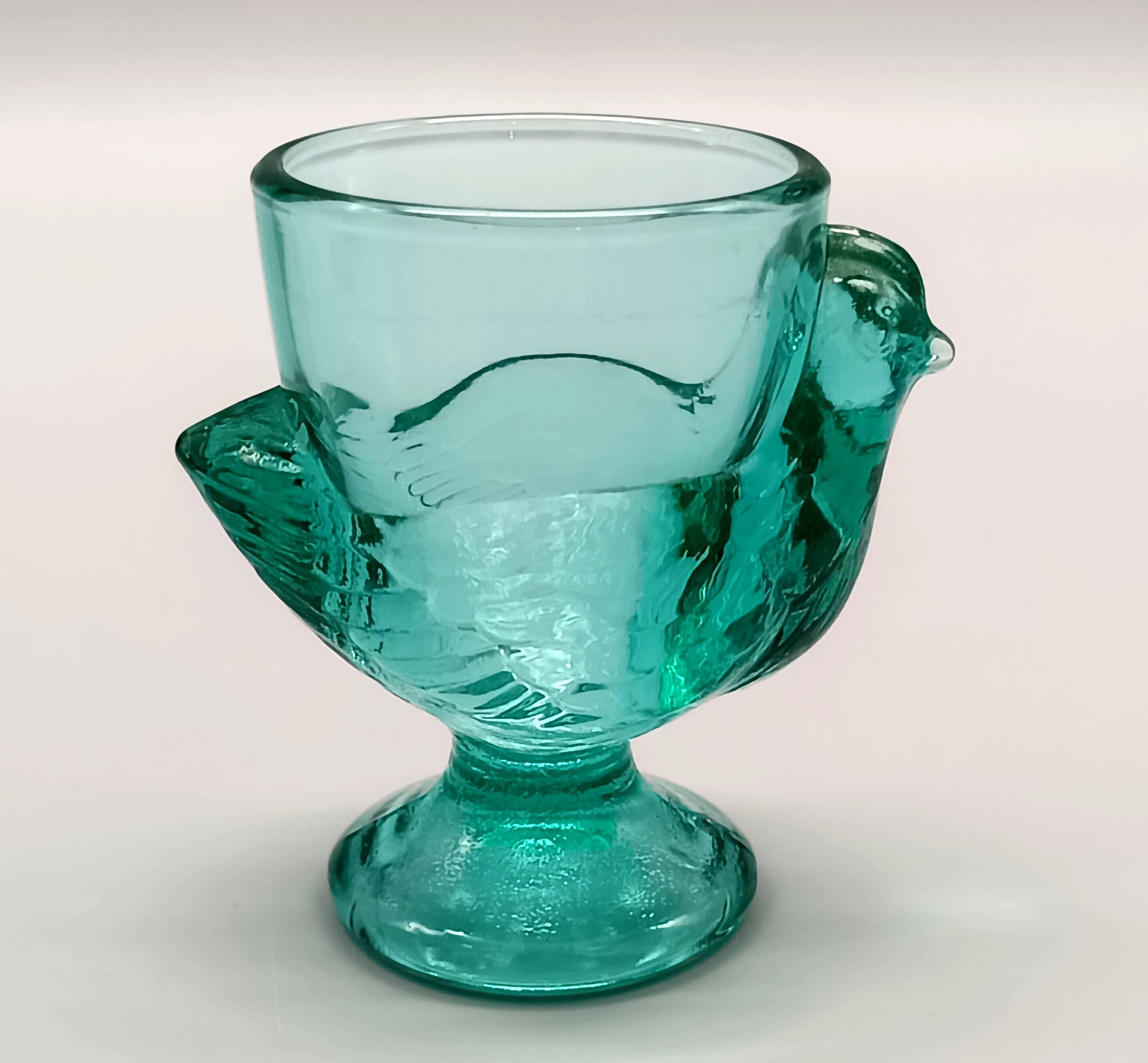 3 vintage french egg cups, turquoise glass, hen shape, luminarc