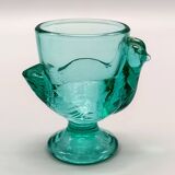 3 vintage french egg cups, turquoise glass, hen shape, luminarc