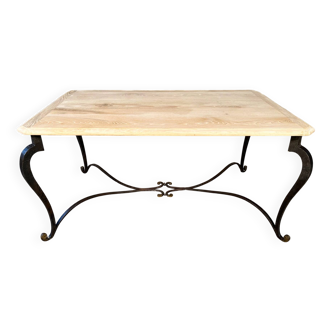 Table basse en fer forgé et plateau en chene brut