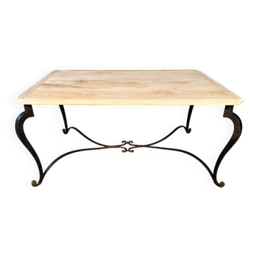 Table basse en fer forgé et plateau en chene brut