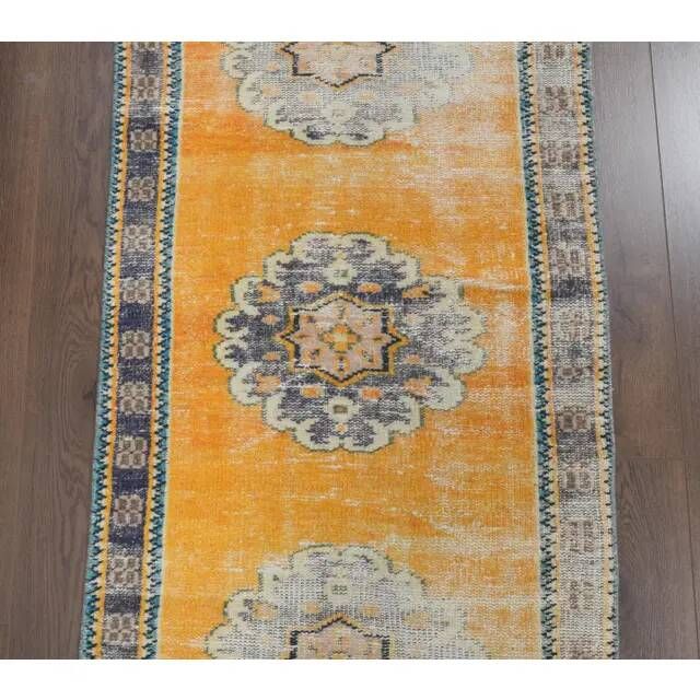 Vintage Turkish Oushak handmade wool cotton orange runner rug 74x350