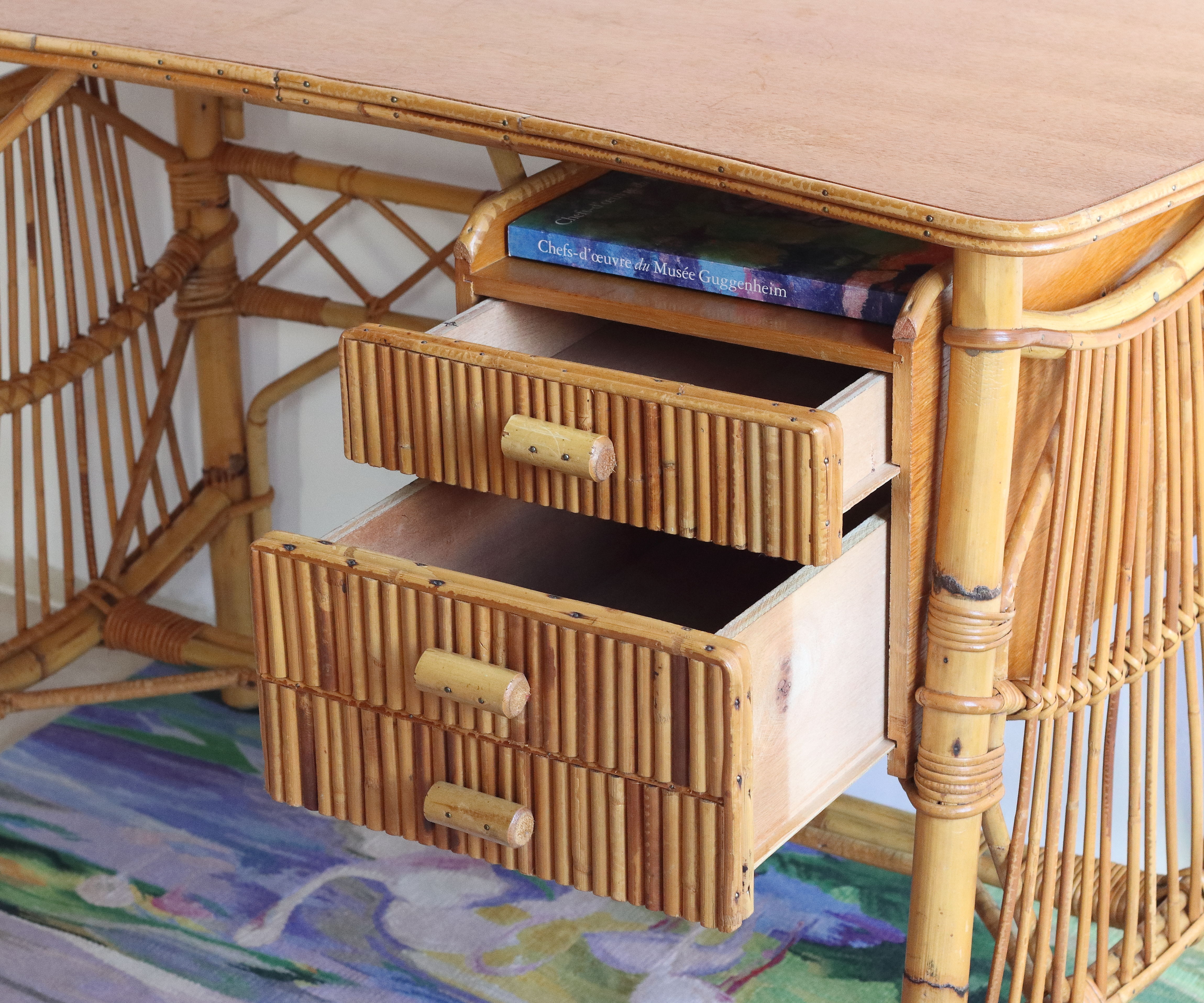 Bean desk two rattan drawers and oak veneer