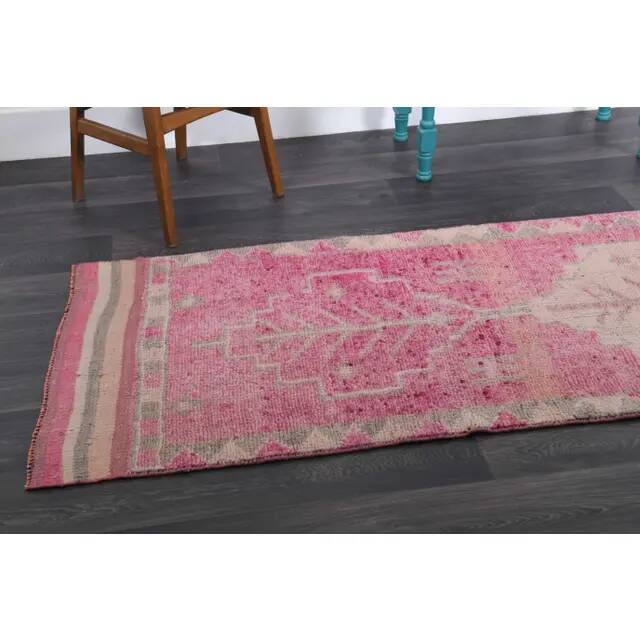 1970s Vintage Turkish Hand-Knotted Wool Cotton Pink Runner Rug 90x303