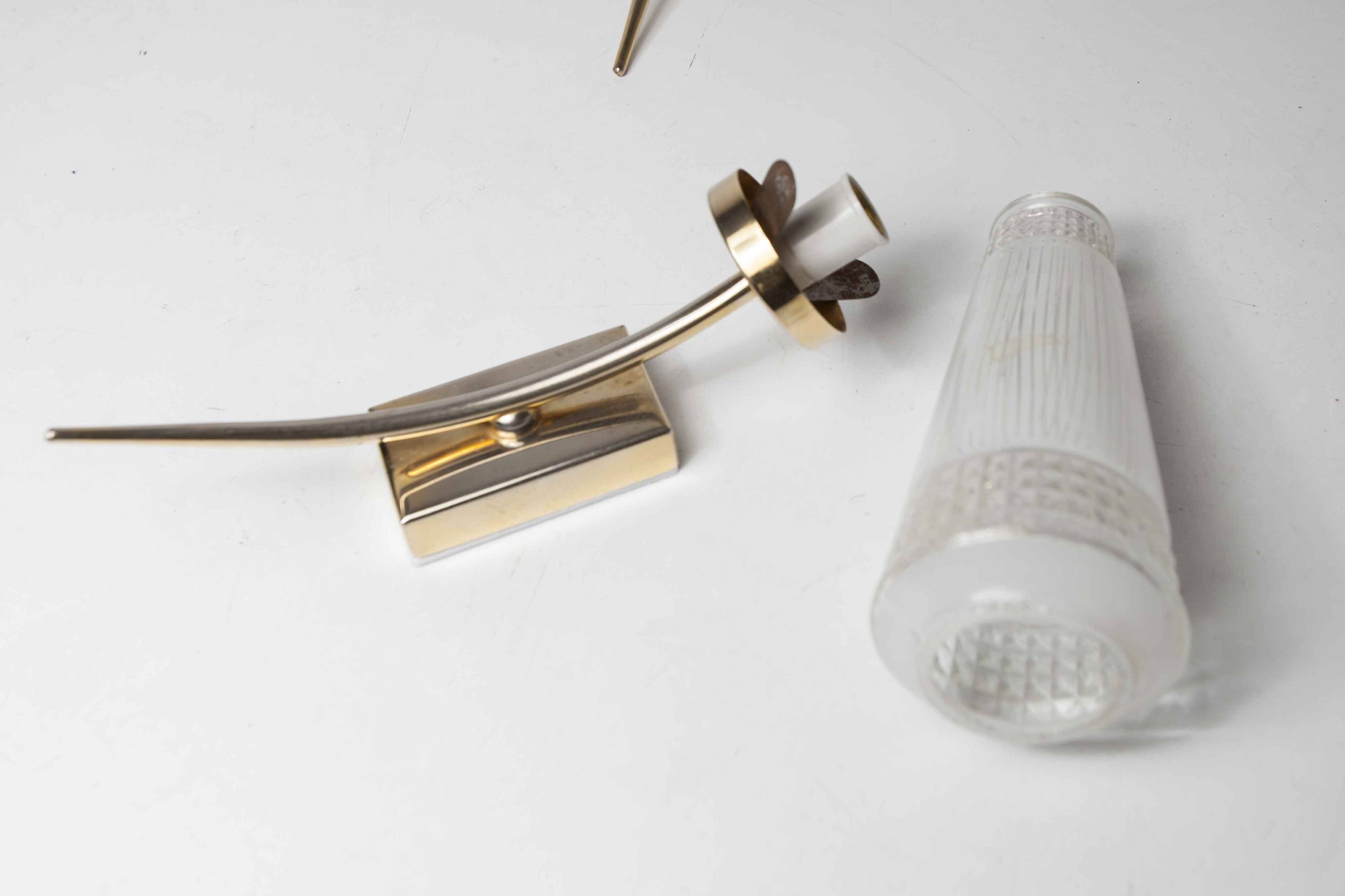 Pair of brass and white and transparent glass wall lights 1960