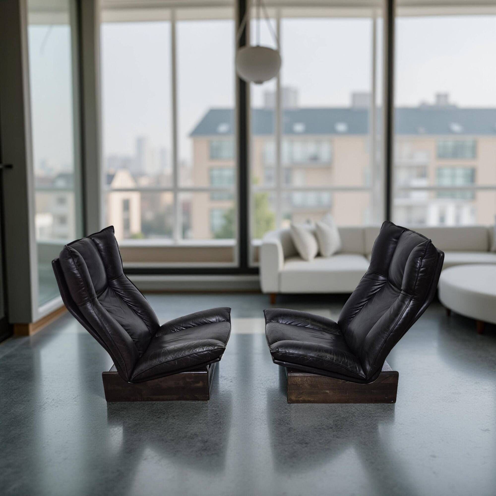 Set of 2 black leather lounge chairs by Peem Oy, Finland 1970s