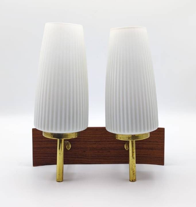 Duo of vintage wooden wall lights with white opaque glass lampshade.