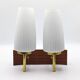 Duo of vintage wooden wall lights with white opaque glass lampshade.