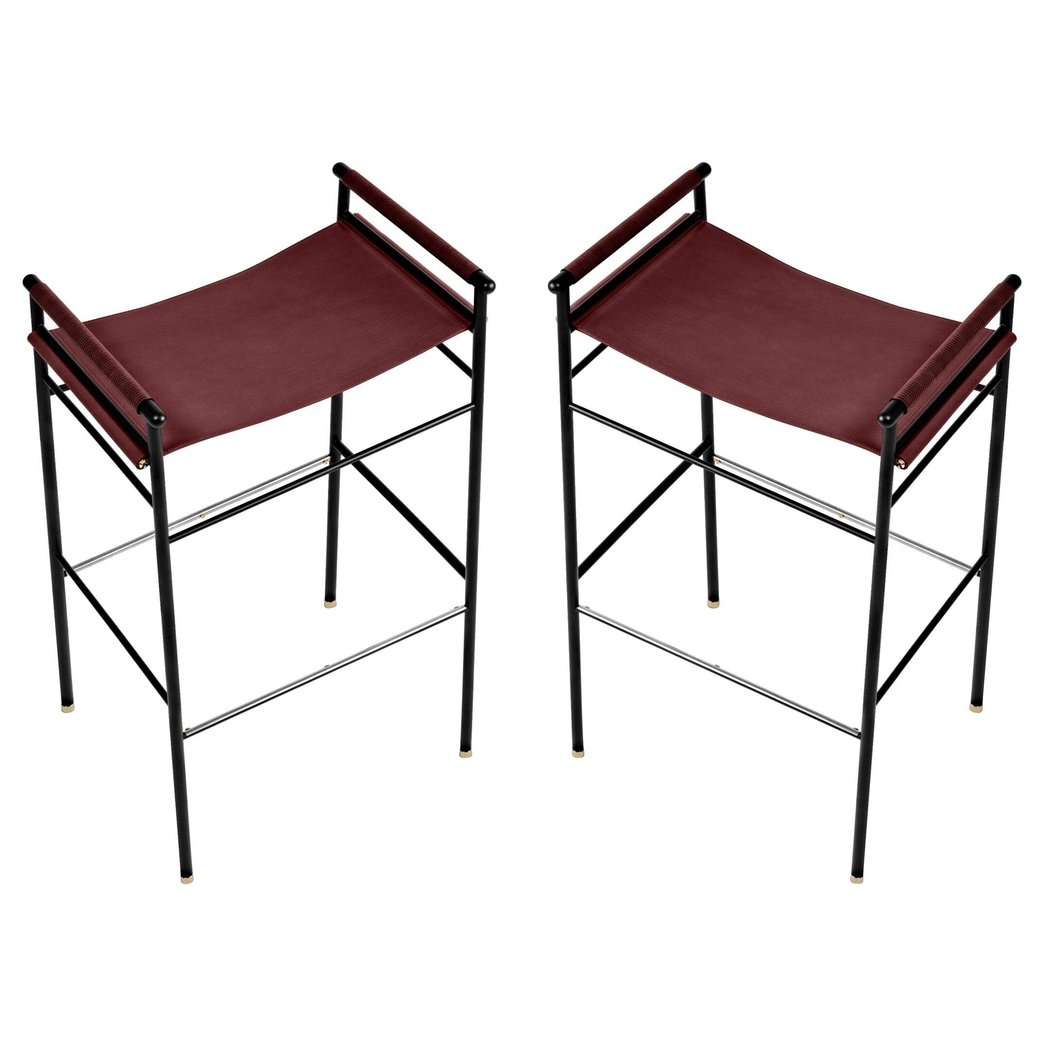 Par Taburete de Bar Classique Contemporain en Cuir Coñac avec Structure en Caoutchouc Noir