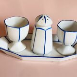 2 Coquetiers & Salière on Art Deco Plateau Blue & White earthenware