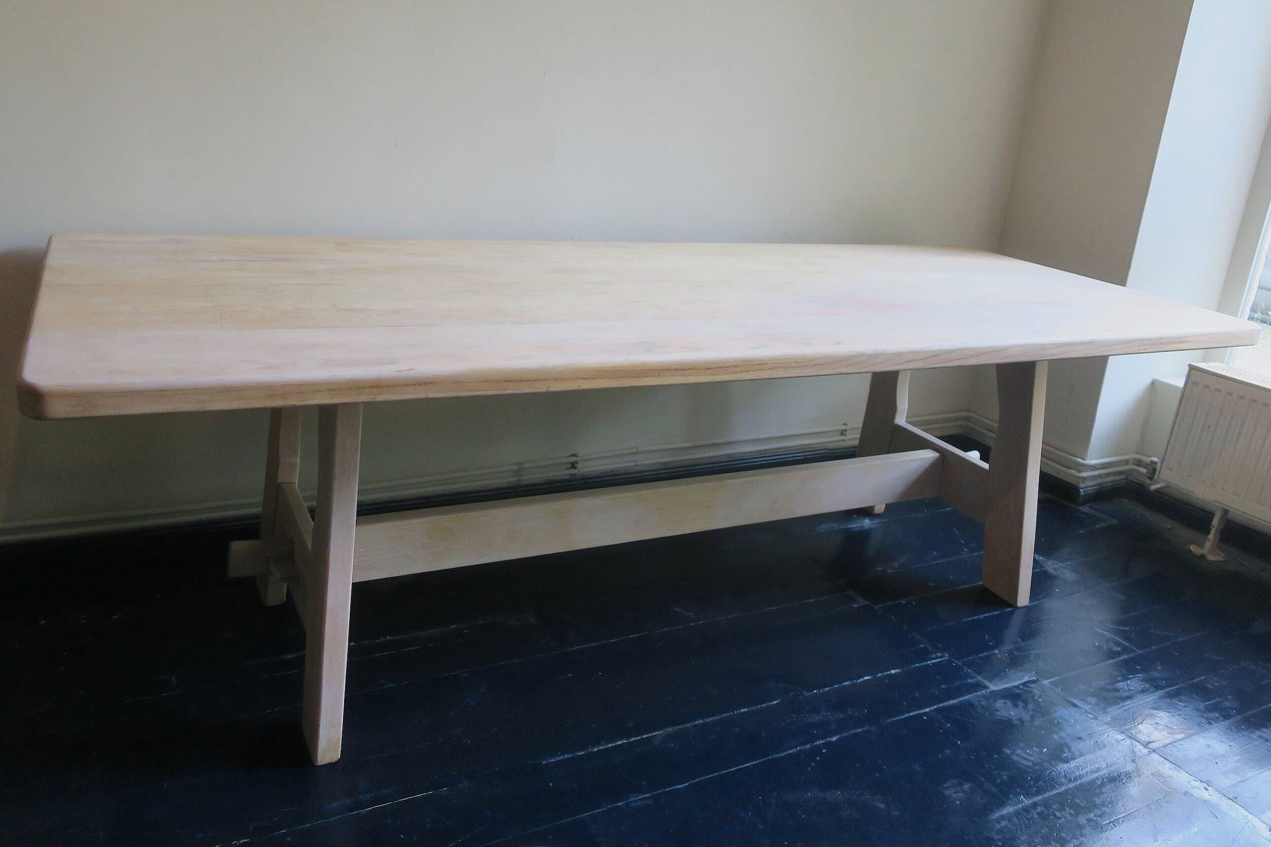 Large mid-century limed solid oak dining table 244 cm x 100 cm, 1950