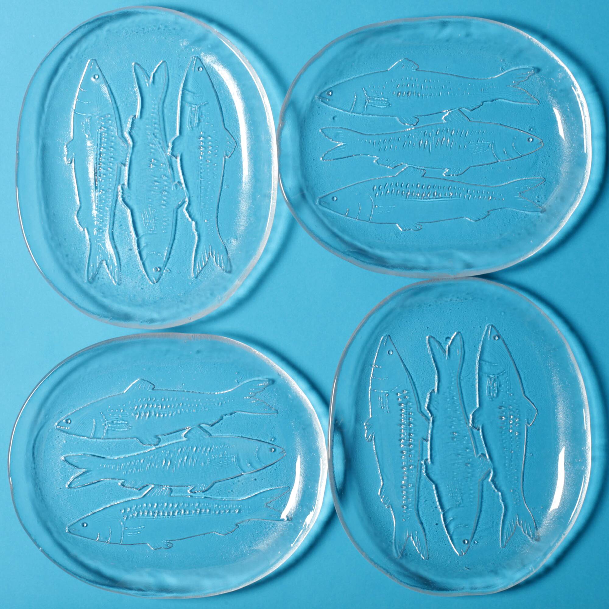 Set of 4 Vintage Kosta Boda Glass Oval Dinner Fish Plates / Sweden / 1970s