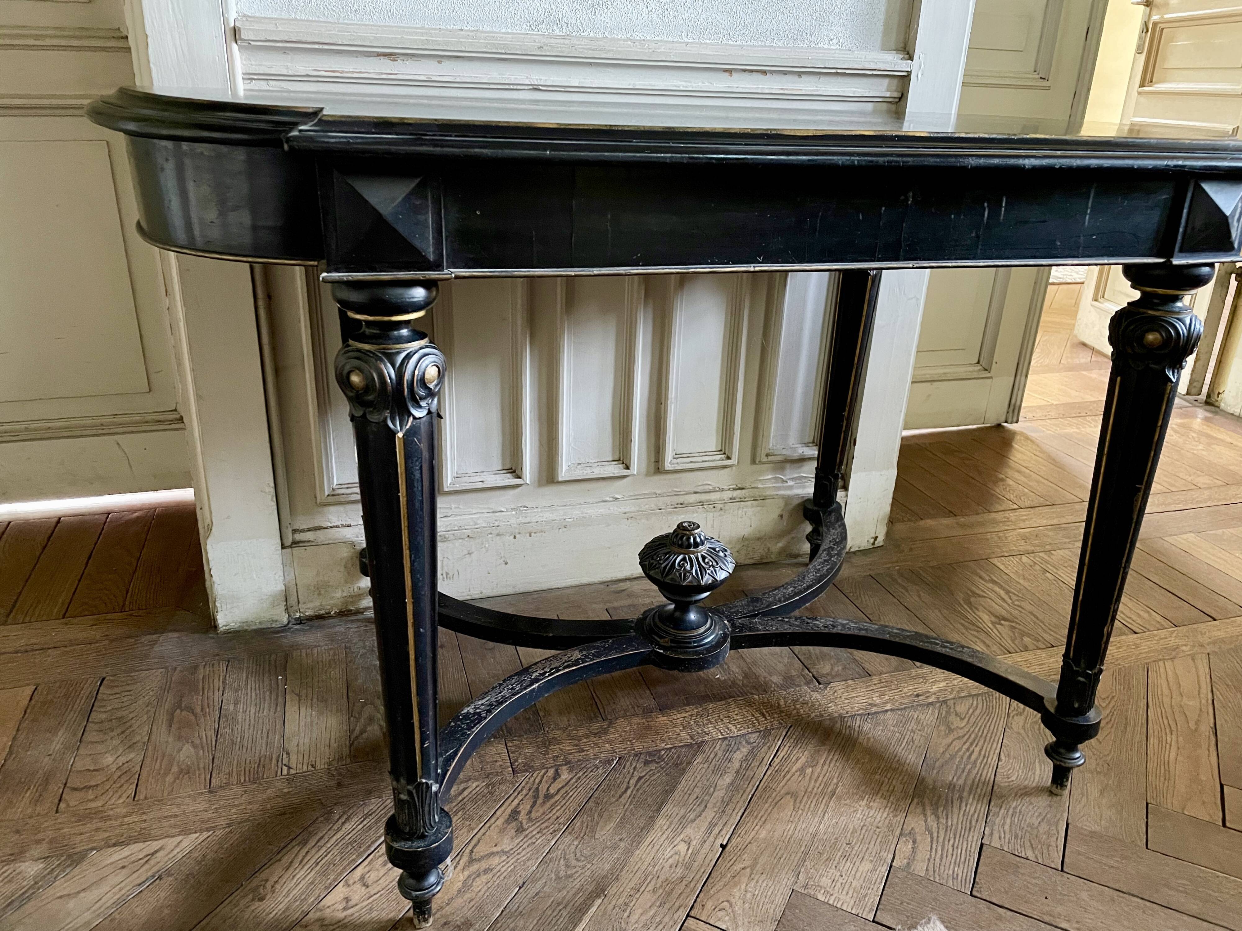 Table Pedestal table Napoleon III XIXth in black and gilded wood