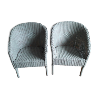 2 fauteuils vintage en rotin couleur vert de gris