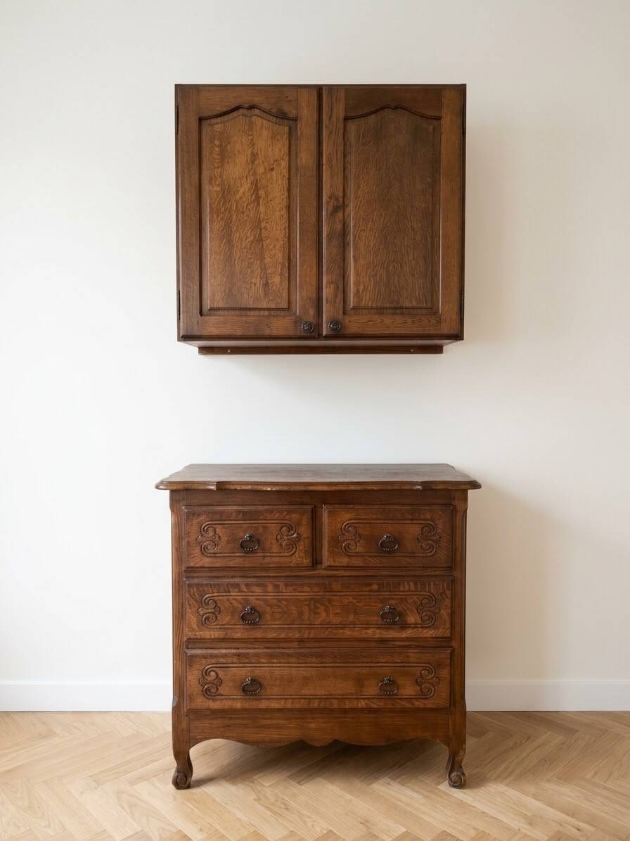 Set of chest of drawers and tall antique furniture in dark oak.