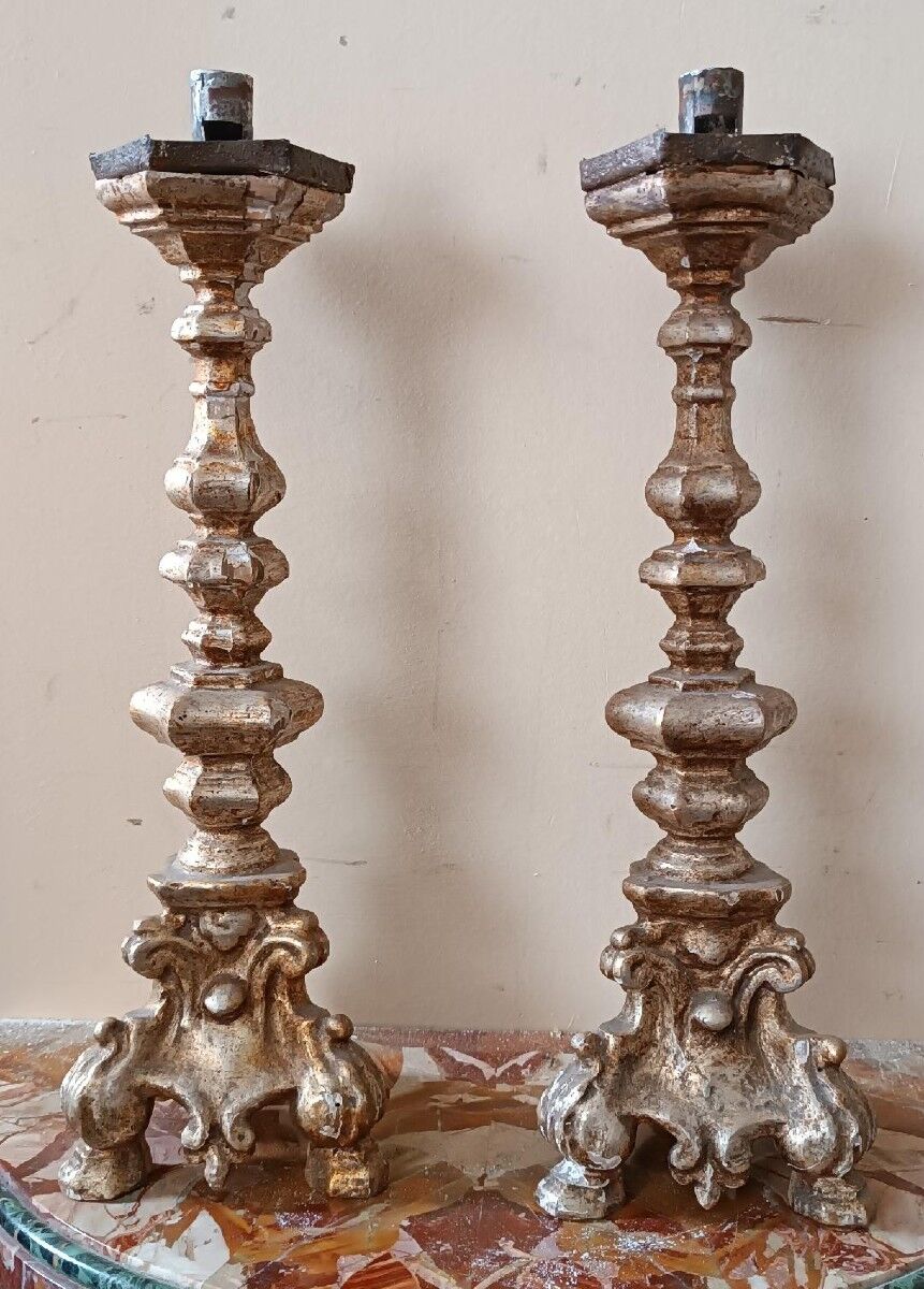 Pair of antique candlesticks from Italy, 18th century.