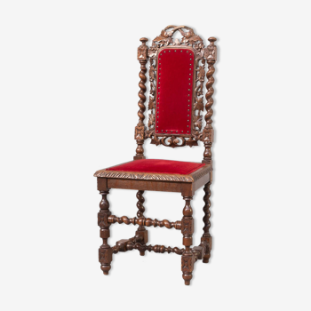 Antique oak and velvet fabric side chair