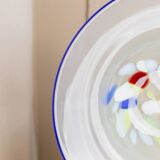 XL Vintage Murano Glass Bowl with Blue Rim and Multicolor Dots – Mouth-Blown Italian Glass, 1980s Pop Art