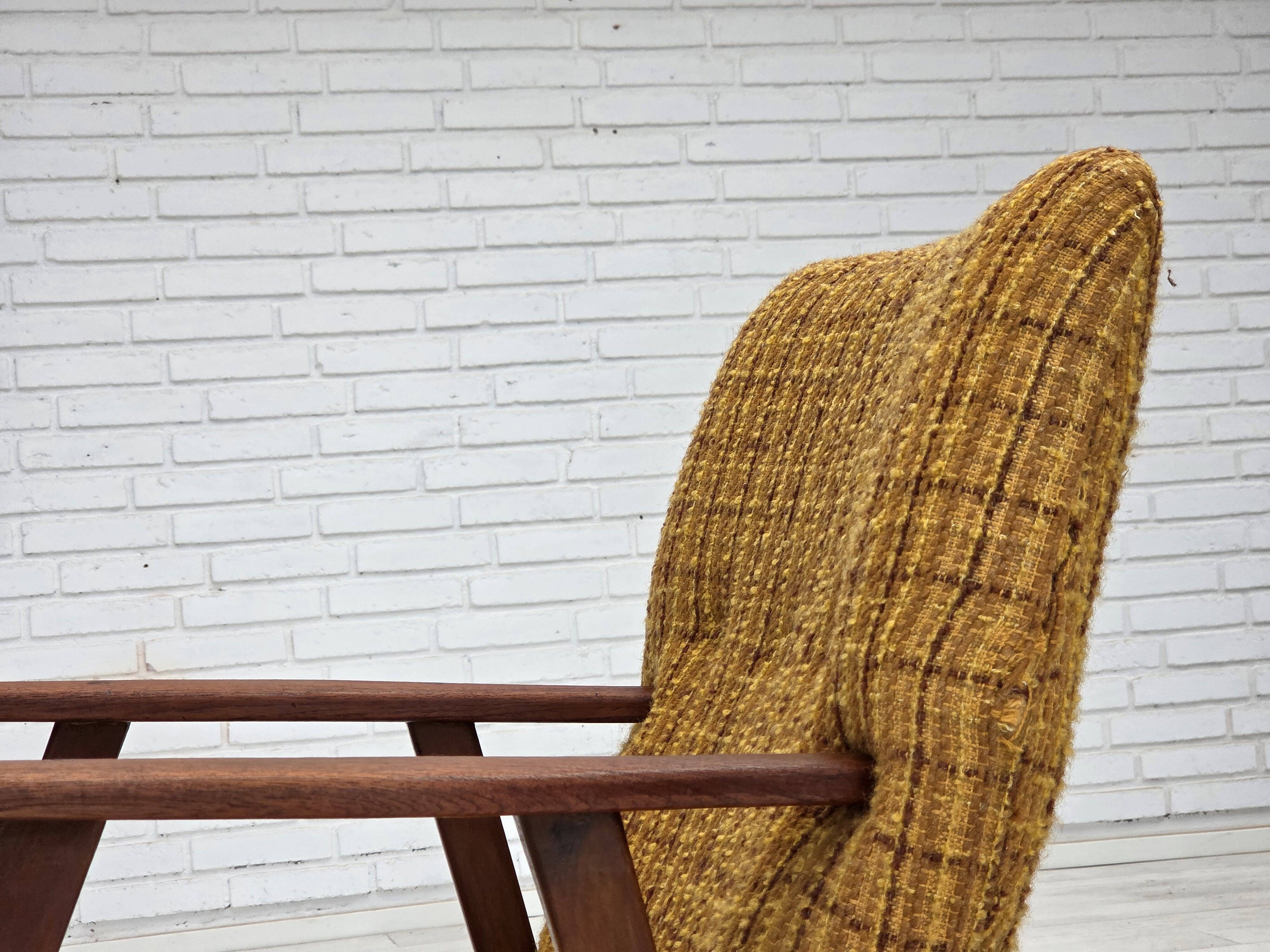 1960s, Danish armchair, furniture wool fabric, teak wood, oak wood.