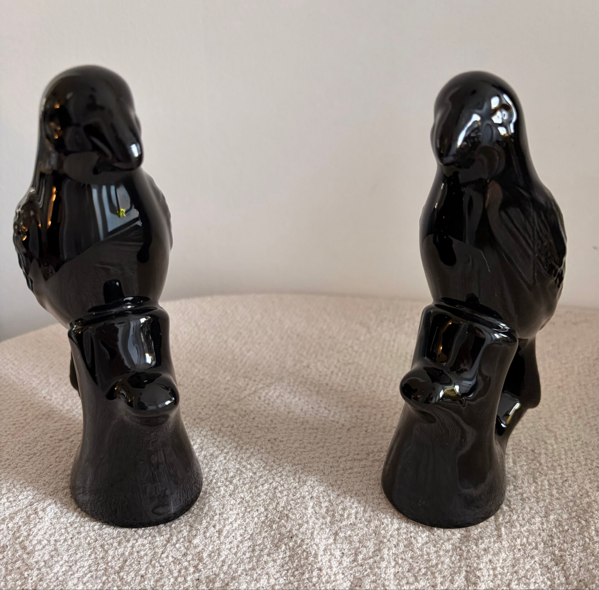 Pair of Mid-Century Gloss Black Ceramic Bird Figurines (Ravens/Crows)