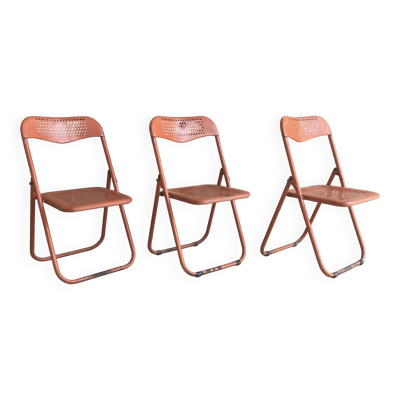 Trio de chaises pliantes en métal orange - vintage