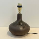 Vintage designer lamp base in brown pyrite stoneware with raffia lampshade, 1970s