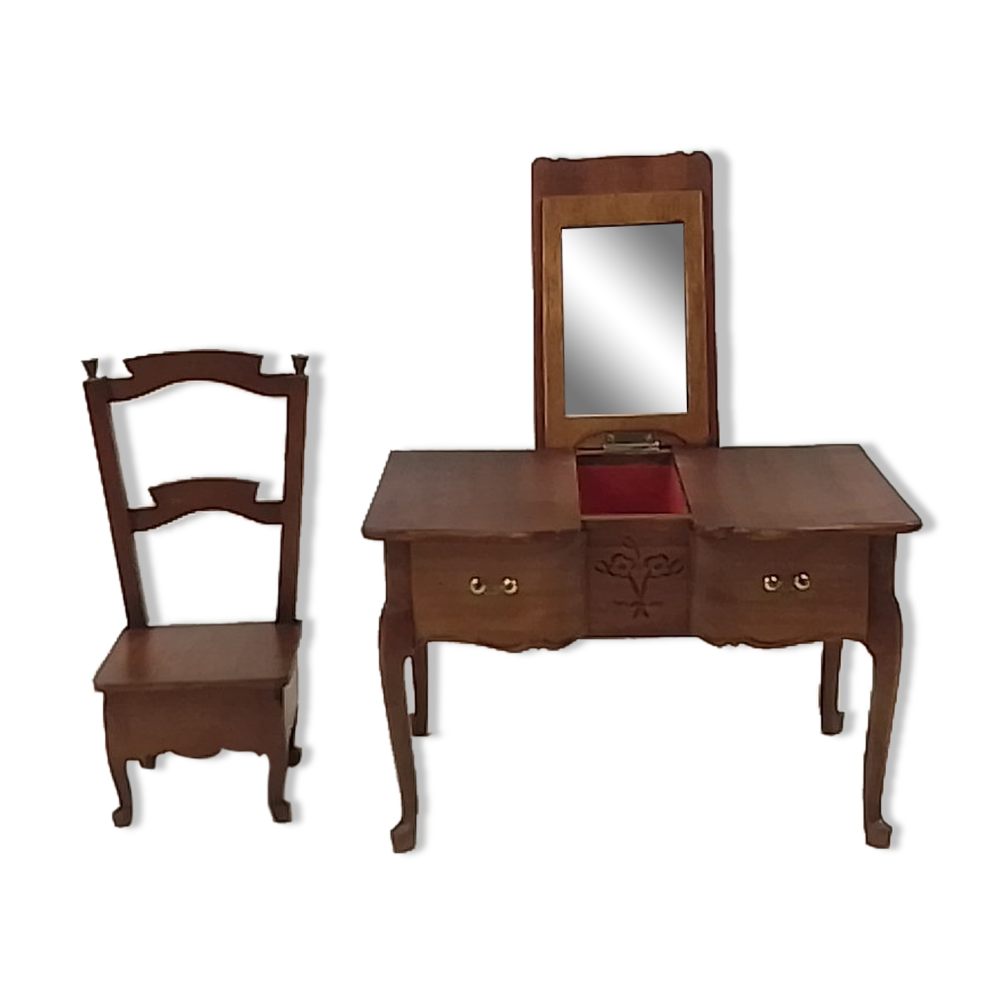 Miniature reproduction jewelry box in rustic hairdresser wood with its chair